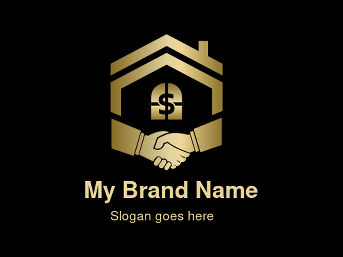 Golden Hexagonal House Outline with Handshake and Dollar Sign Window Logo for Real Estate, Mortgage, Property Investment, or Financial Deals